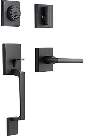 KIAYACI Front Door Lock Set Black Door Handle Front Door Handle Sets with Deadbolt Entry Door Locksets Single Cylinder HandleSet with Straight Handle Lower Half Grip Matte Black Front Door Handle