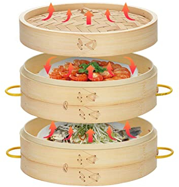 PIAOLING 2-lagiger Bambus-Dampfkorb, chinesischer Bio-Holz-Dampfkorb, Dampfgarer für Dim Sum, Hähnchen, Fisch, Gemüse, Reis