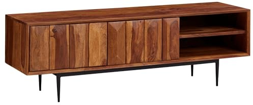 FineBuy Lowboard 123x35x42 cm Sheesham Massivholz, TV-Kommode mit 2 Türen | TV-Schrank für Fernseher bis 60 Zoll, Fernsehschrank aus Echtholz, handgefertigtes Unikat, Fernsehtisch mit Stauraum