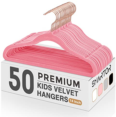 Smartor Kids Velvet Hangers 50 Pack, 14 Inch Premium Non Slip Kids Felt Hangers for Closet, Space Saving Toddler Clothes Hanger for Youth's Childrens' Clothes (Rose Gold Hook)- Pink