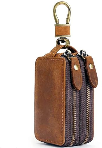 Igreli Crazy Horse Leather Car Key Case Coin Holder Case Zipper Remote Wallet Key Chain Bag for Men And Women,2 Sides Key Case for Car Keys & Home Keys,Brown Color