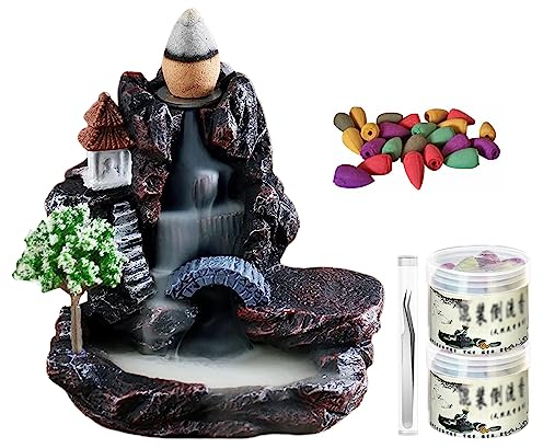 Guador Bruciatore per incenso con effetto riflusso Backflow Incense Burner Ornament con 80 pezzi, coni di incenso e pinzette in acciaio inox