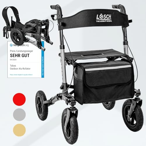 Lösch Reha Mobility Rollator - 3-fach faltbar & leicht mit Sitz, Preis-/Leistungssieger für den Außenbereich, mit Luftbereifen, Gesäß & Rückengurt für Senioren