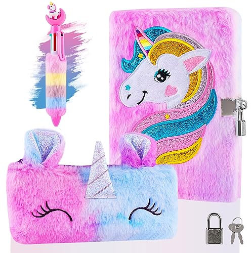 Beihre Diario Secreto Niña, Set de Papelería Unicornio de Peluche con Candados, Bolígrafo y Bolsa de Papelería, Regalos Para Niñas (Púrpura)