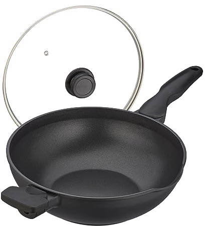 Relaxdays Wok with Glass Lid, Ø 30 cm, Aluminium, Non-Stick Coating, Gas & Electric Hobs, Stir Fry Pan, Handles, Black