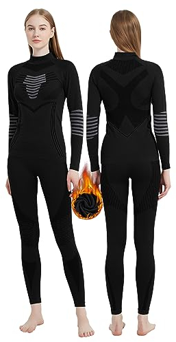 MeetHoo Termiska underkläder för kvinnor, vintervarma baslager kompressionsset, fleecefodrade Long Johns löpning skidåkning, Svart02, XL