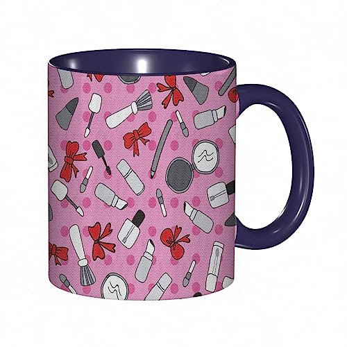 Kaffeetasse, rosa gepunktet, Make-up, weibliches Kosmetikthema und rundes Band, rosa Zinnoberrot, 325 ml, Keramik-Teetasse mit Griff, für Zuhause, Büro, Weihnachten, Geburtstag