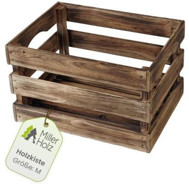 Miller Holz Kiste geflammt - Holzkiste stapelbar, geflammt, robust und nachhaltig - Deko Kiste Holz - Hochwertige, handgefertigte Obstkiste Holz (M)