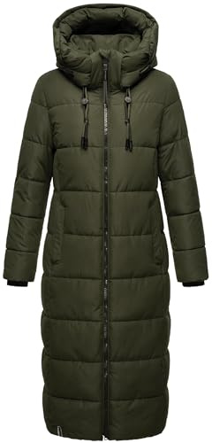 MARIKOO Damen Wintermantel warmer Steppmantel lang mit abnehmbarer Kapuze Nadeshikoo XVI Dark Olive Gr. M