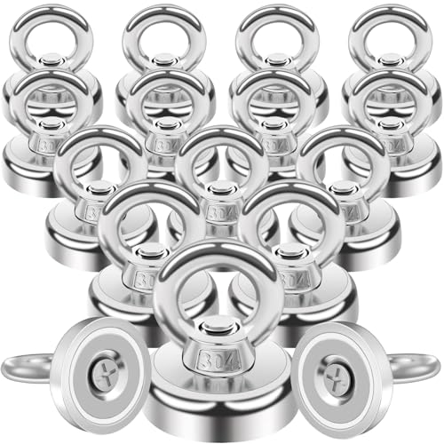 MIN CI Lot de 16 crochets magnétiques extra puissants en néodyme de 16 mm - Forte force de traction de 12 kg - Aimant rond avec œillet - Pour garage, barbecue, plafond, pot