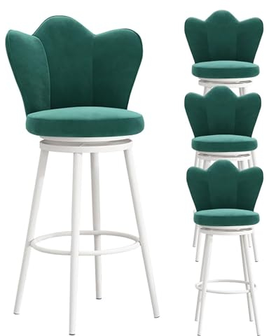 HAILM Barhocker Küche, Drehbarer Barstuhl, Samt Gepolsterte Frühstücksbarstühle, Bequeme Hocker Hoch Schmetterlingsrückenlehne Und Weiße Metallbeine, 4 Stück,Grün,75cm/29.5