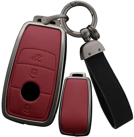 ontto Autoschlüssel Hülle Etui Passt für Mercedes-Benz A B C E G S Klass CLA CLS GLA GLB GLC GLE GLS EQA EQB Zinklegierung Leder Schutzhülle Schlüsselcover Schlüsselanhänger Zubehör-3 Tasten Rot