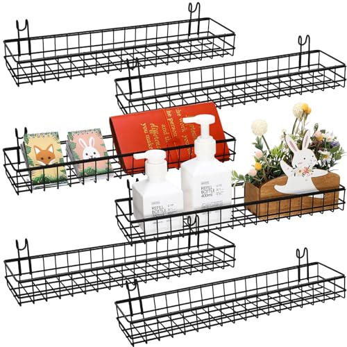 Blulu 6 Pcs Black Wire Baskets Hanging Wire Basket with Hooks Black Wall Grid Panel Metal Wall Basket Organizer for Storage Bathroom Plants Kitchen
