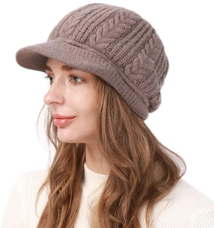 AIDIER Damen Winter Warme Strickmütze mit Visier Krempe Baskenmütze mit Weichem Dickes Gefütterte Klassisch Gehäkelte Mütze Frauen Strick Ballonmütze Slouchy Wintermütze Fleece Mütze für Damen