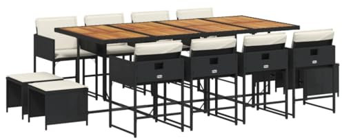 vidaXL Garten Essgruppe 13-TLG., Gartenmöbel Set Tisch mit 8 Stühle 4 Hocker, Gartengarnitur mit Kissen, Sitzgruppe Essgarnitur Terrasse, Schwarz Poly Rattan