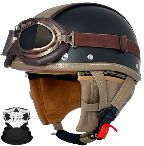 SYEBVTQ Vintage Deutsche Motorrad Halbhelme Halbschalenhelm ECE-Zertifizierung Motorradhelm für Herren Chopper Helm mit Sonnenbrille Jethelm Retro, Scooter Helm, Cruiser Moped Offenem Helm