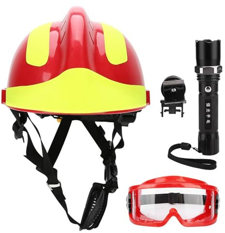Klanata Red Hard Hat, Casco de Seguridad de Rescate Profesional con protección contra la impactación, Faros Integrados y Gafas para Bomberos y Trabajadores de Emergencia