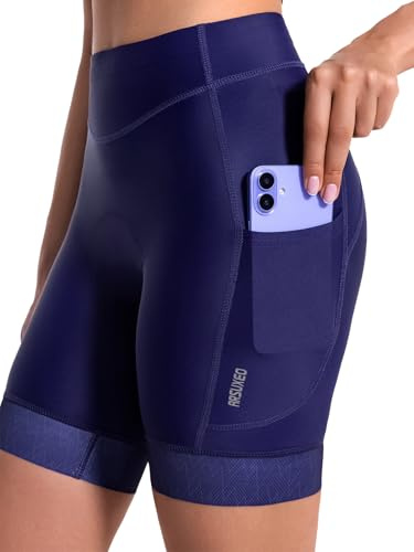 ARSUXEO Cykelbyxor dam 4D vadderade cykelbyxor cykling underkläder med stoppning fickor cykling tights 575, Mörkblå, L