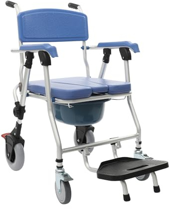 Klappbarer Toilettenstuhl mit Rollen & Breitem Sitz 41x43cm, Duschstuhl Höchstgewicht 150 kg, Rollstuhl für Dusche Senioren Pflege (Weiche Sitze)