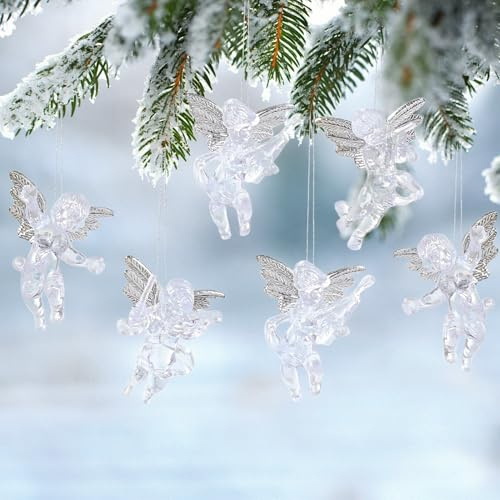 12 Stück Acryl Christbaumschmuck Engel Weihnachtsbaum Anhänger,Mini Engel Christbaumschmuck mit Silber Flügeln für Geschenk Hänger,Adventskränzen