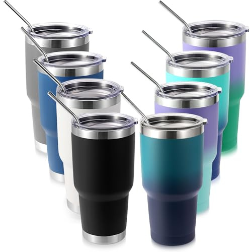 Volhoply 305 ml isolerad tumlare med lock och sugrör, dubbla väggar inre och yttre 304 rostfritt stål tumlare bulk, pulverlackerad kaffekopp för kontor, hem, resor (blandade, 8-pack)