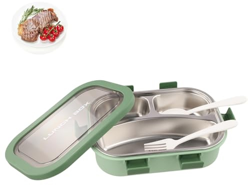Lonchera de acero inoxidable a prueba de fugas, lonchera desmontable de 850 ml, caja bento segmentada con 3 compartimentos para niños para oficina, escuela, picnic, viajes (verde)