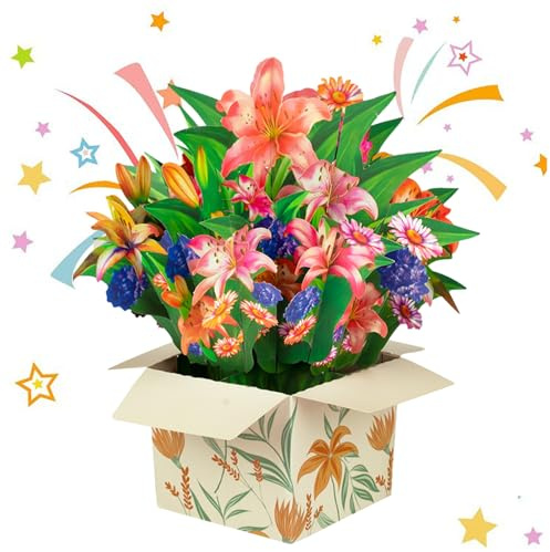 Biglietto di auguri 3D con bouquet di fiori, rosa, giglio, girasole, biglietti di carta, bouquet 3D pop-up per compleanno,