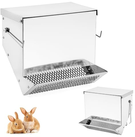 Rabbit Feeders Automatic for Cages,3.5 Pound Large Metal Trough Feeder with Lid Galvanized Steel Outdoor Bunny Food Dispenser for Rabbits Chicken Guinea Pig Pet and Other Small Animals