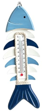 TOYANDONA Forma di di Pesce Termometro Marina in Legno da Parete | Misurazione della Temperatura, Costiero Blu e Bianco, Decorazione Marina