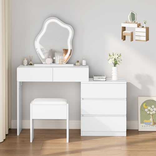 ALFORDSON Schminktisch mit Spiegel, 5 geräumigen Schubladen und Aufbewahrungshocker, 10-stufig verstellbare LED-Leuchten, moderner Frisiertisch für das Schlafzimmer für Frauen und Mädchen,Weiß