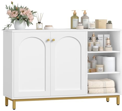 Hzuaneri Badezimmerschrank, Sideboard mit 2 Türen, Verstellbare Ablage | Beistellschrank mit 3 offenem Fach, Badschrank, für Badezimmer, Wohnzimmer, Küche, 35 x 120 x 80 cm, Weiß-Gold SC11203G