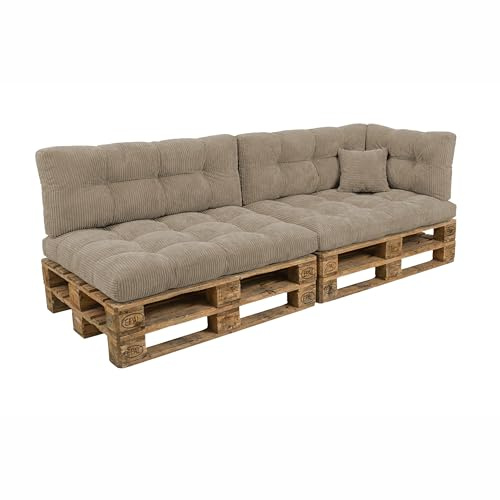 POKAR Palettenkissen 6er Set aus Cordstoff: 2X Sitzkissen 120x80 + 2X Rückenkissen 120x40 + Seitenkissen + Dekokissen | Gesteppte Palettenauflage für Loungemöbel | Oeko-TEX | Made in EU | Beige