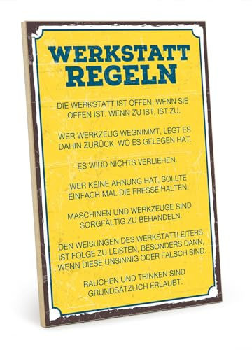 TypeStoff Holzschild mit Spruch – WERKSTATT REGELN – im Vintage-Look mit Zitat als Geschenk und Dekoration - HS-00507