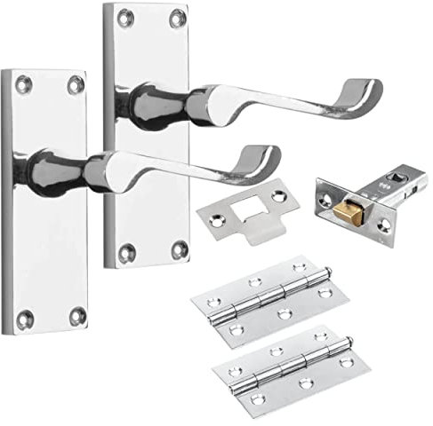 IRONZONE® 6 Sets of Premium Quality Victorian Scroll Lever Latch Door Handles Polished Chrome Hinges & Latch Pack Backplate Door Handles, Contemporary Design for Internal Wooden or Oak Doors