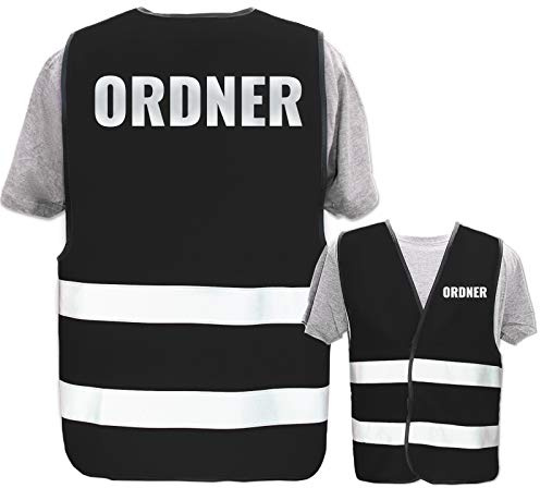 Bedruckte Warnwesten mit ISO-Leuchtstreifen * Standard- oder Reflex-Druck * Thema Sicherheit & Team, Warnweste Begriffe Security:Ordner (Reflektierend), Farbe + Größe:Schwarz (XL/XXL)