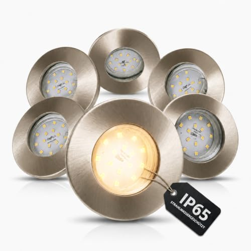 Trango 6er Set Einbaustrahler IP65 aus Edelstahl gebürstet 6729IP65-062MO inkl. 6x 5 Watt 3000K warmweiß Ultra Flach LED Modul für Bad, Dusche, Einbauspots, Deckenstrahler, Deckenlampe, Badleuchte