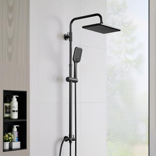 Florenta Regendusche ohne Armatur, Duschsystem Schwarz | Edelstahl Verstellbarer Duschstange, 30 × 20 cm Überkopfbrause, Handbrause mit 3 Strahlarten, Verstellbarer Handbrausenhalter