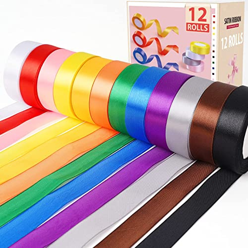 Artcut 12 Rolls 25mm x 22m Satin Ribbon, Double Faced Fabric Ribbon for Valentine's Day Gift Wrapping, Romantic Anniversary Bouquets, Cake Decorating and Wedding Party Favors