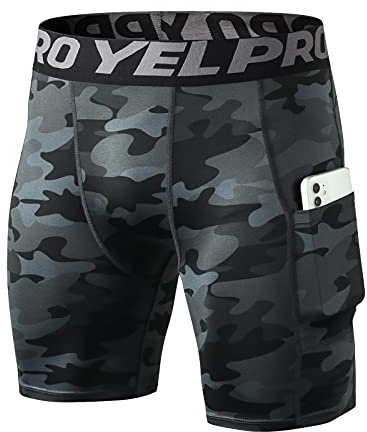 Yishengwan Herren Kompressionsshorts Tights Kurz Schnelltrocknendes Atmungsaktiv Sport Unterhosen Männer Leggings Kurz mit Handytasche Camo Schwarz L