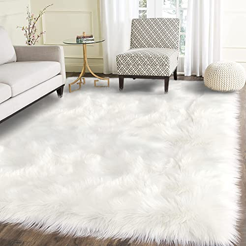 Latepis White Faux Fur Sheepskin Rug 4x6 for Living Room, Fuzzy Rugs Fluffy Washable Rug for Bedroom, Playroom, Luxury Room Decor, Rectangle