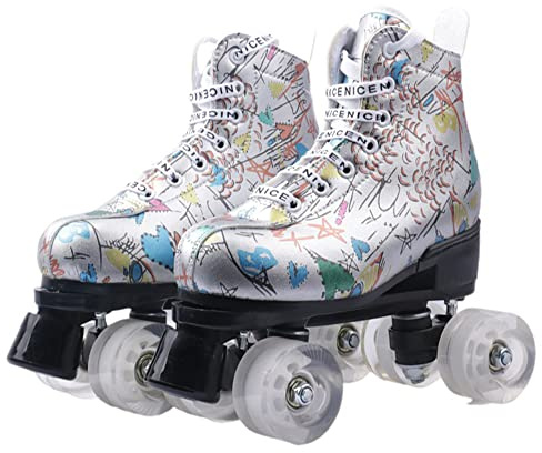 Modische Rollschuhe für Erwachsene Kinder, Quad Kick Rollschuhe, Silber Graffiti Muster, PU-Räder, PU-Leder-Obermaterial, Klassische High-Top-Zweireihige Roller Skates für Damen Herren (44,Weiß)