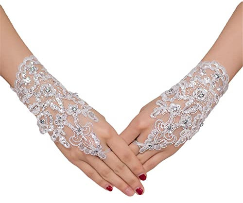 GIVBRO Damen Spitzenhandschuhe Fingerlose Fäustlinge Strass Braut Handschuhe Zubehör für Party Bars Hochzeit Dress Up Weiß