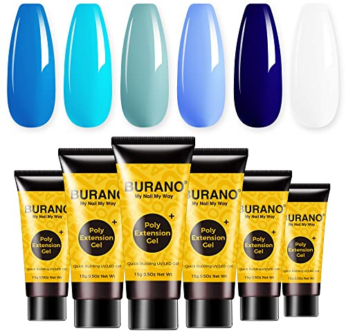 BURANO Blau Poly Verlängerung Gel Nagel Kit 6-Farben Nägel Builder Gel | Professionelle Verwendung, Poly Nagel Gel Kits DIY Starter Kit Maniküre Kit für Frauen Home DIY