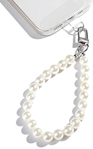 AMAYO Universal Mobile Phone Chain, Mobile Phone Pendant, Beads, Lanyard, Wrist Strap Compatible with Any Mobile Phone, Smartphone and Case (White Pearls 10 mm)