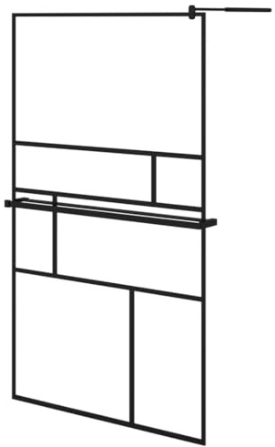 vidaXL Mampara Ducha con Estante, Particiones de Baño Coloca Toallas Champú Acondicionador, Puerta de Ducha, Vidrio y Aluminio Negro 115x195cm