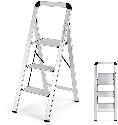 TANGZON Folding 2/3 Step Ladder, Aluminum Step Stool with Widen Anti-Slip Pedals, 150KG Portable Tread Stepladder for Household Office Garage Shop (62 x 44 x 109cm, 3 Step with Handrail)