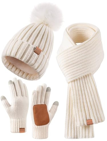 FISFET Mütze, Schal & Handschuh-Sets für Damen, Beanie Mütze Damen Winter mit Bommel Fleece Gefütterte, Touchscreen Handschuhe Schal Wärmer Cap 3 in 1 Geschenk Set(Weiß)