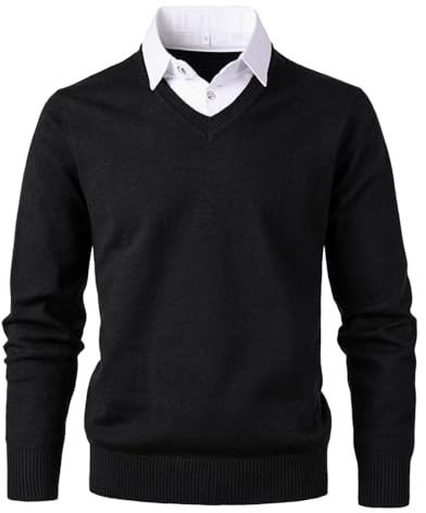 Herothorn Stickad tröja för män mode pullover mjuk touch v-ringad tröja topp med falsk skjorta krage, Svart, XXL