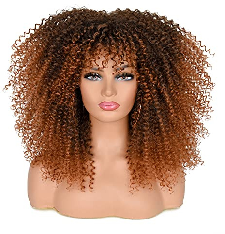 ISAMY Lange lockige Perücken für Schwarze Frauen Afro Bomb Curly Perücke mit Pony Synthetische Faser Klebefrei Lange Afro Kinky Curly Haar (Ombre Braun)
