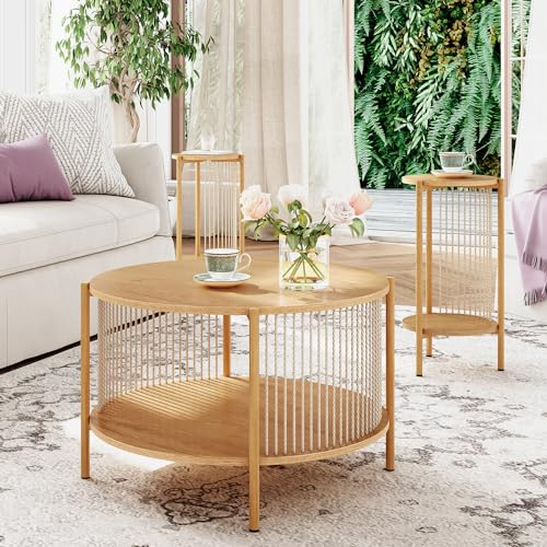 Brafab Natural Fiber Rope Coffee Table Set of 3 for Living Room, Round Rattan Coffee Table and Two End Tables, Boho 2 Tier Modern Side Table with Metal Frame for Apartment Office (Natural)